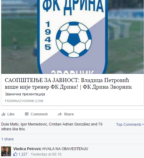 Vladica Petrovic Sacked Facebook