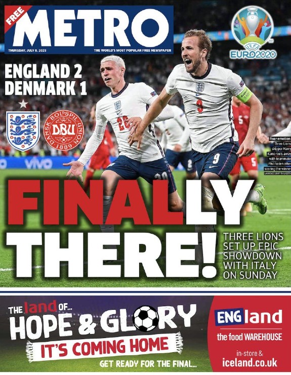 Metro Newspaper Reaction and Headline England Denmark Finally 2021
