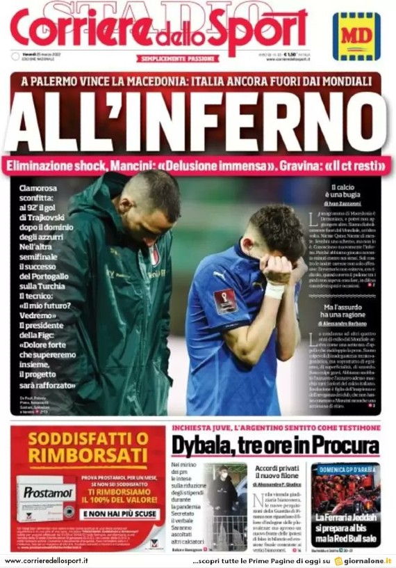 Corriere dello Sport Headline 25 March 2022 Italy North Macedonia