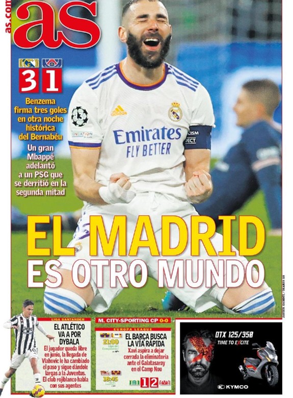 Diario AS Spanish Newspaper Frontpage after Real Madrid PSG UCL Game 2022