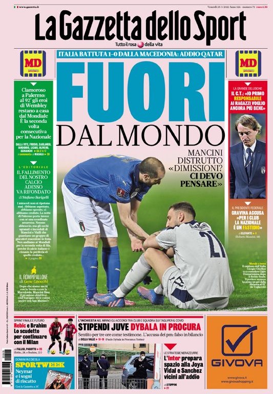 Gazzetta Dello Sport Headline Italia out of World Cup 2022 North Macedonia