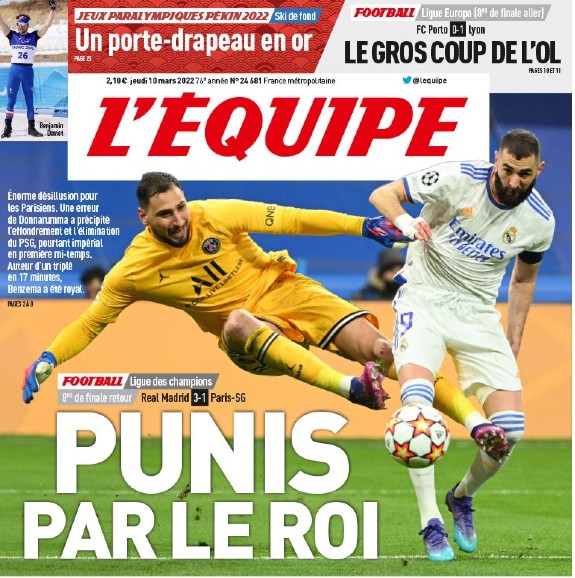 L'Equipe Paper Headline after PSG loss to Real Madrid 2022