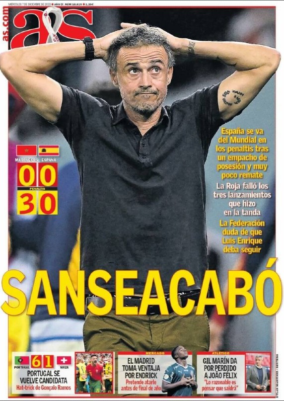 Diario AS Newspaper Frontpage after Spain loss to Morocco 2022