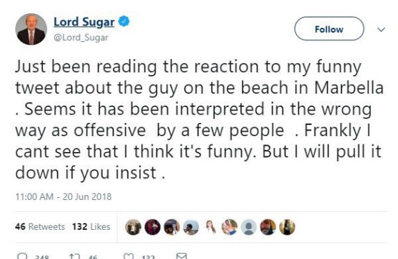 Alan Sugar Racist Tweet Senegalese Footballers
