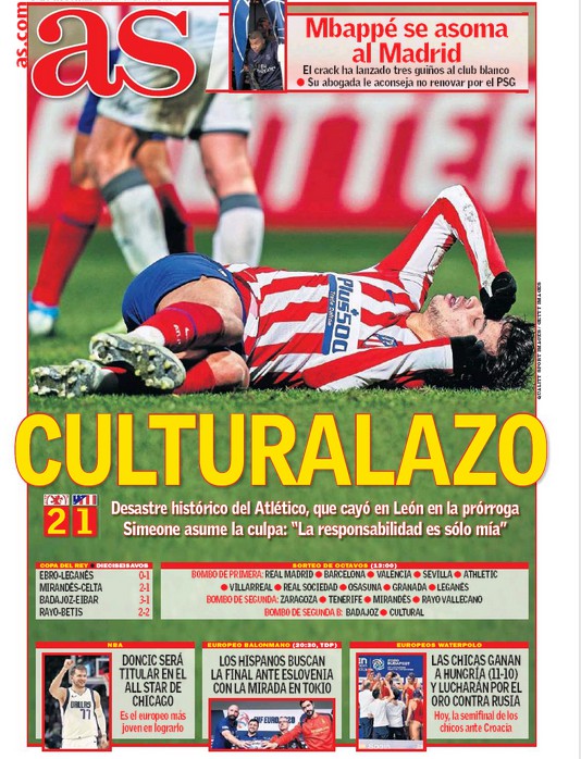 Culturalazo Headline Newspaper AS after Atletico Cultural Leonesa Copa del Rey