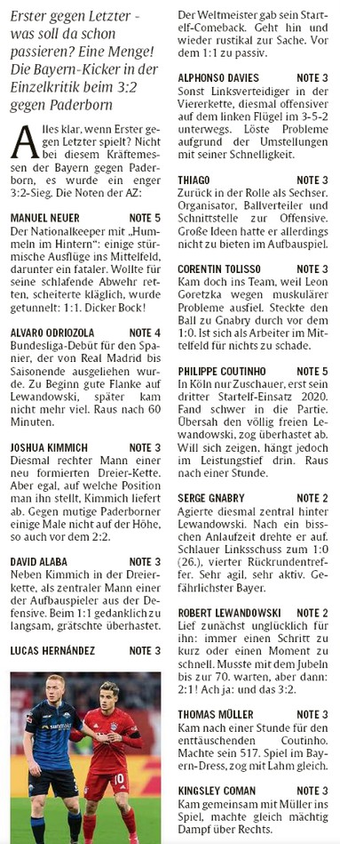 Bayern vs Paderborn Player Ratings 2020 Abendzeitung Munchen Paper