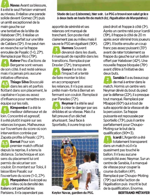 PSG player ratings vs Atalanta Champions League Le Parisien