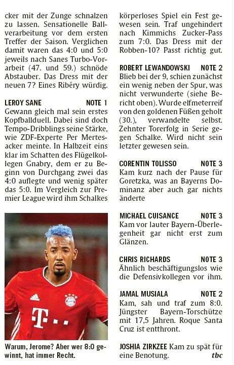 Abendzeitung Munchen Player Ratings Bayern 8-0 Schalke 2020