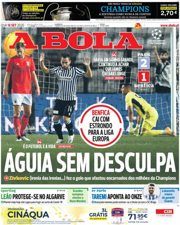 Abola Frontpage PAOK 2-1 Benfica