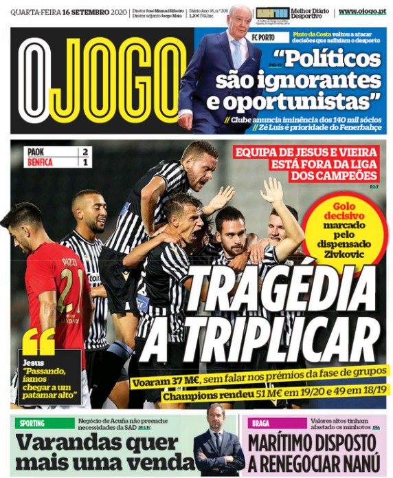 O Jogo front page 16 September 2020 PAOK Benfica