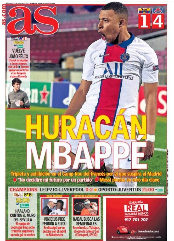 Diario Diario AS Newspaper Headline 17 February 2021 Barca PSG