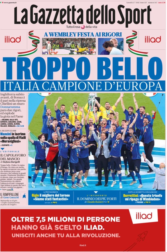Gazzetta Dello Sport Headline after Italy Euro 2020 Win
