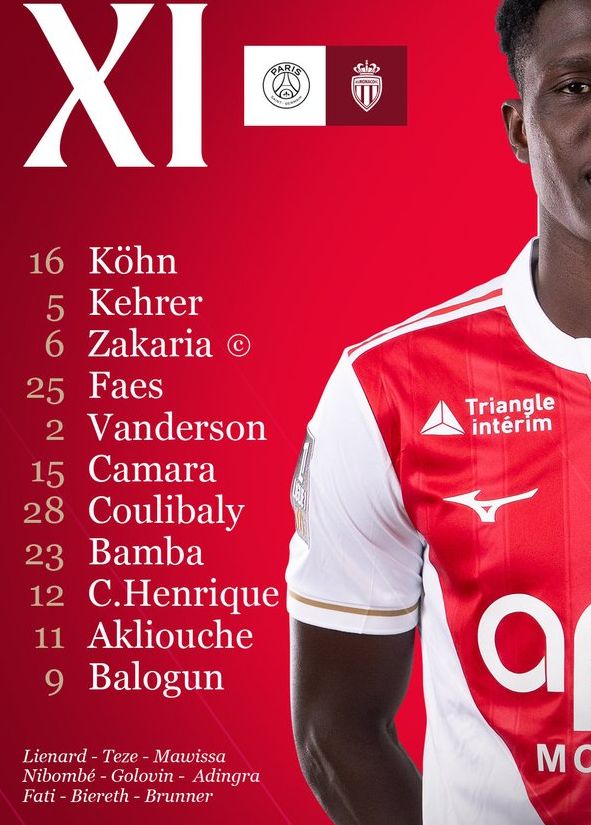 AS Monaco FC starting lineup vs Paris SG 2026 March Ligue 1