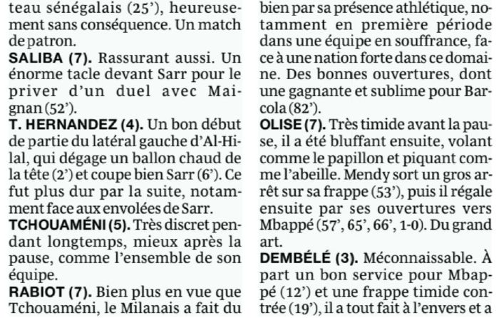 Ouest france player ratings vs senegal 2026
