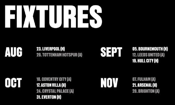 Fixtures in Aug and Sept